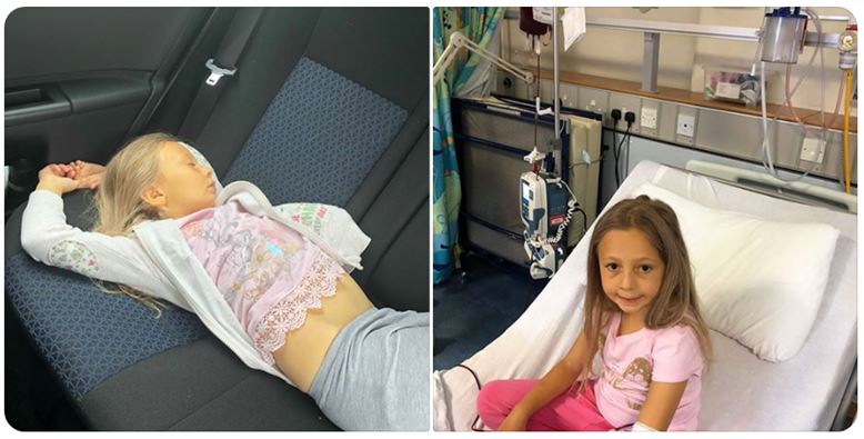 Ruby lying down in car. Ruby sitting up in a hospital bed smiling receiving blood transfusion. 