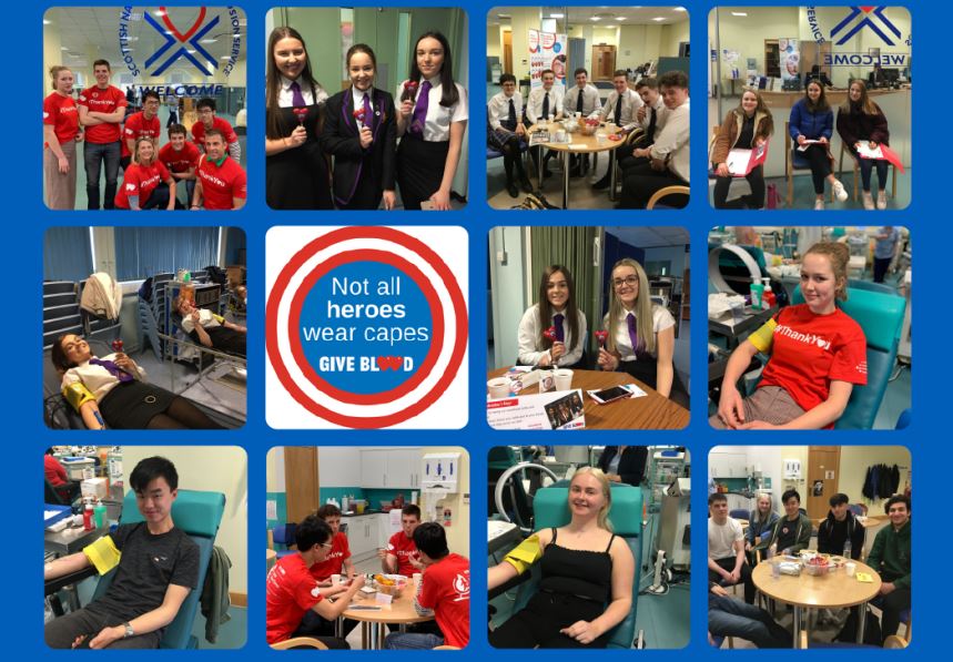 Collage of school pupils giving blood and posing for photos. 